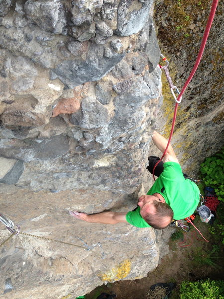 Shot from the top of the neighboring Sharks in the Water (5.11a), Jim Kimball running laps on this overhanging arete problem. The anchor is a bit funky, though one shiny new bolt eases the mind a bit.