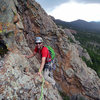 Tyson following up Park View Dome, with Ranch Hand and the rest of Staunton Rocks in the background.