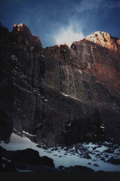 Two climbers at the bottom of the photo - heading for Lamb's Slide, January 1977.