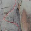 A route sketch (approximate) with traditional anchors and belay stances shown by red circles.