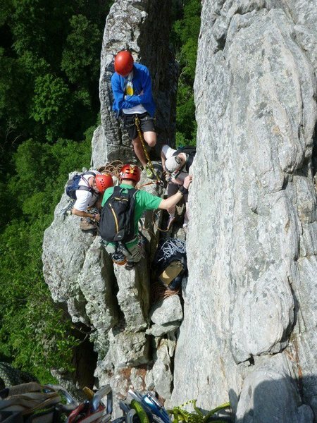 Paul Deagle Looking down hanging belay at bolted anchor. The not direct version runs right into this. Traffic jam for sure on a busy weekend.