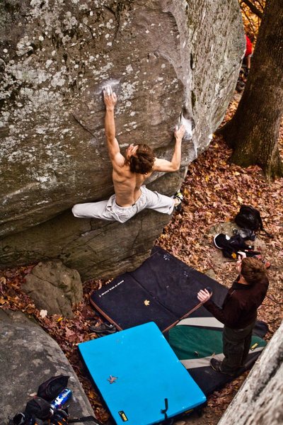 Pete Temmens on Shadow of a Man, proving yoga to indeed be an effective supplement to bouldering.  Photo by Thomas Diehl.