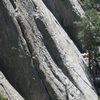 The bottom of the Isis Buttress.  Sport Pages is the prominent OW crack visible in the center bottom of the photo.  As viewed from the top of Backflip.