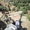 Looking down the arete. The top of Rewritten's 4th pitch (dead tree belay) is visible here.