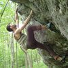 Aaron Parlier warming up on "Razorback Crack" on the Pigs Boulder