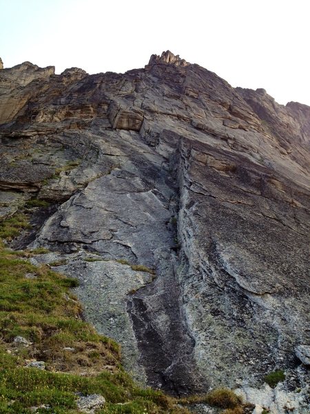 Pitches 1-3 of Ghirardelli visible. The route climbs left around the tower seen near the summit.