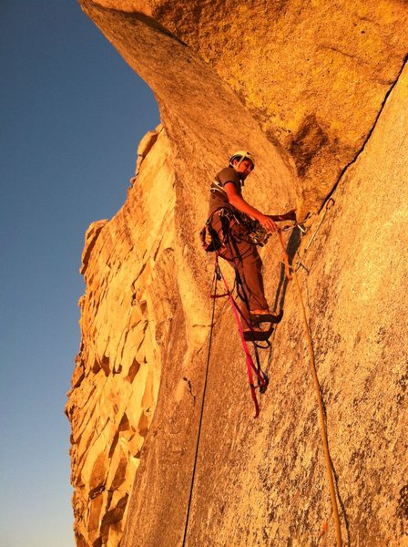 Finishing the last pitch in perfect alpenglow (Photo: Bosier Parsons)