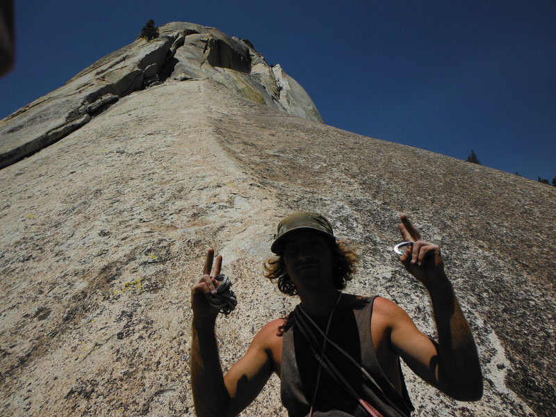 Ready for some slab, at the belay for pitch three. This is looking up the Magician from the Horses Head. The easy slab right above me is the "no-pro" pitch.