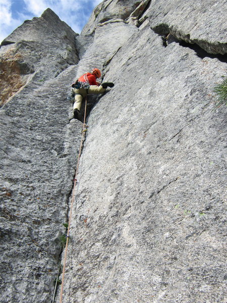 Andy leading P2 of Cary Granite.<br>
<br>
Photo: Brent Butler.