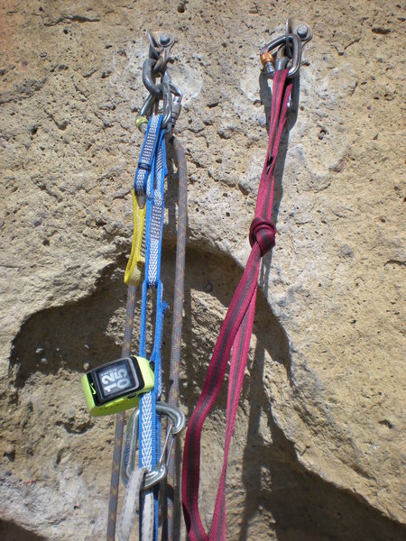 Ye Olde Belay Setup at pitch 1, Zebra Zion, Smith Rock, OR.