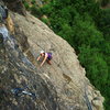 Lauren at the first pitch's bolt anchor. First three pitches can be linked in various ways.