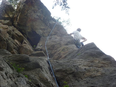 A little to the right with pro already placed at the crux roof.