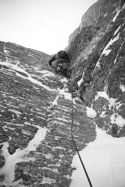 Chris Erickson leading the second pitch on a stormy, cold December day.