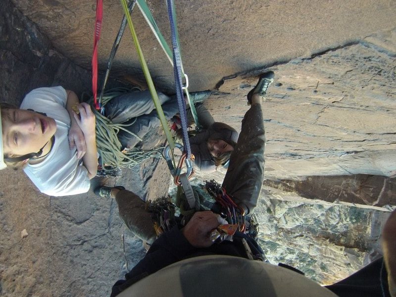 The last hanging belay on the Night Crawler