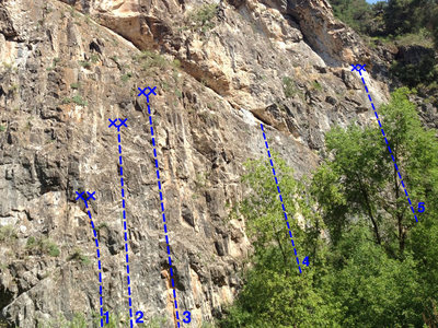 The Wall of Life in Rifle Mountain Park. 1 - Cut the Cord, 5.10c, 2 - Agape, 5.10b, 3 - Gestational Physics, 5.11a. 4 and 5 are projects.