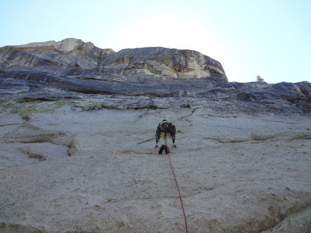 Working up the runout but easy 5th class approach slabs