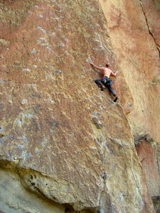 Mycroft Smith post (mental) crux on this great route.  His waist is at the first bolt.