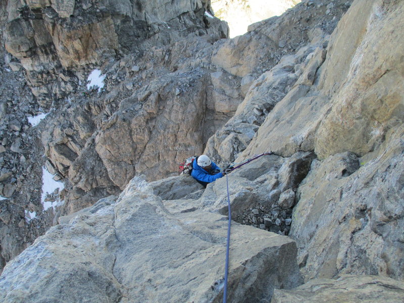 Near the top of the 2nd pitch (5.8). Some pins during the pitch. One pitch to go.