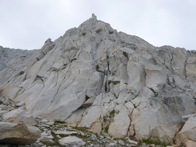 The start of the route is up through the chimney system in the center of the picture.