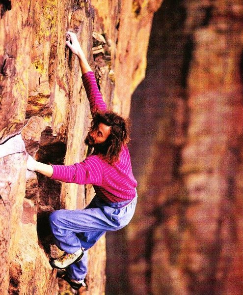 The late Derek Hersey soloing Rosy Crucifixion (5.10a), Eldorado Canyon.
<br>

<br>
Photo by Beth Wald.