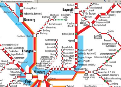 A layout of the train services throughout the Frankenjura. It's hard to see on just this map that there really isn't much here. Source: http://bahnland-bayern.de/tickets/regionale-tickets/franken-hopper-ticket