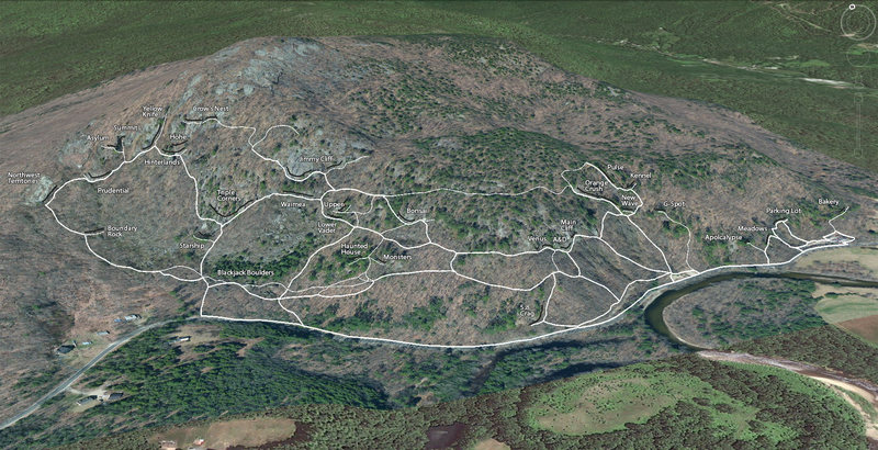 A Google Earth view of Rumney with trails mapped using GPS.<br>
<br>
The thicker lines are the major trails.  The thin lines are the minor trails.<br>
The black lines are the individual crags.<br>
<br>
A more detailed satellite image was overlaid because it shows the exposed rock better.