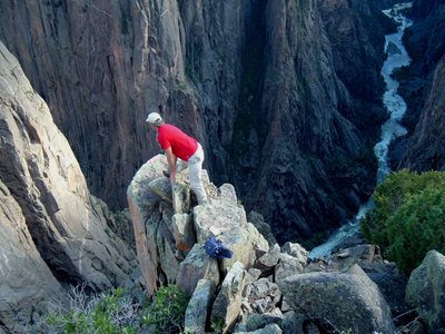An awesome spot above the Black, looking down the SOB Gully (to left).  You can see the Comic Relief Buttress in the sun.  The Lightning Bolt Crack, in the dark orange dihedral, is near the top of the buttress (far left-center).