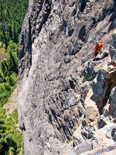 Looking back on the 5th belay from the end of pitch 6.  Airy!