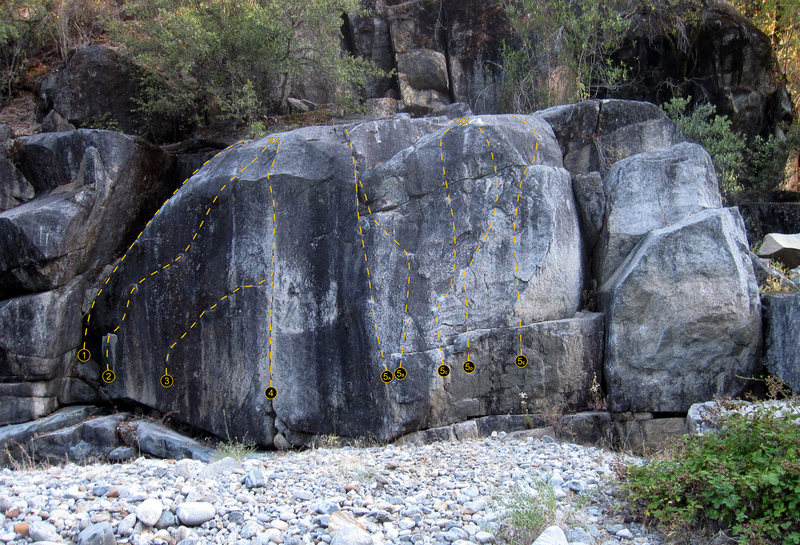 Antline Boulder. Click for high-res version.<br>
<br>
(1) Approach Problem (5.0),<br>
(2) Boulder Problem (5.12),<br>
(3) Antline Alternate (5.11+),<br>
(4) Antline (5.11),<br>
(5a-e) Skinnin' the Cat (5.9-5.10+)<br>
<br>
Boulder (crashpad recommended) or TR from good bolts.<br>
