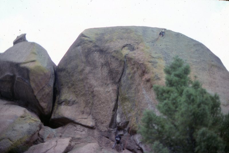 Steve Sarns leading and George Bracksieck belaying pitch two, in 1981.  Note the Allen/Leibold "5.10 Hands/Fist Crack" to our left.