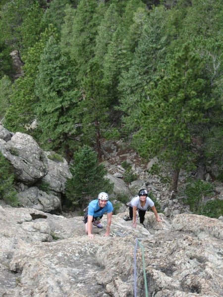 Looking down the 1st pitch.  Tyler and Katie enjoying their very first pitch of climbing.