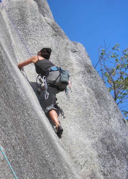 Basque climber Saioa  near one of two lower cruxes  on Penny Lane