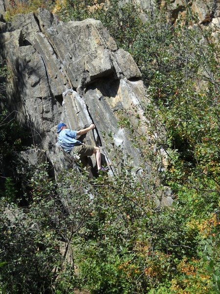 Keith on "Beer Me" (Cheers, Patrick of Rocky Mtn. Ventures). In 1970, we called this boulder "the Tablets", V-fun. Great to climb here again this summer after 43 years!