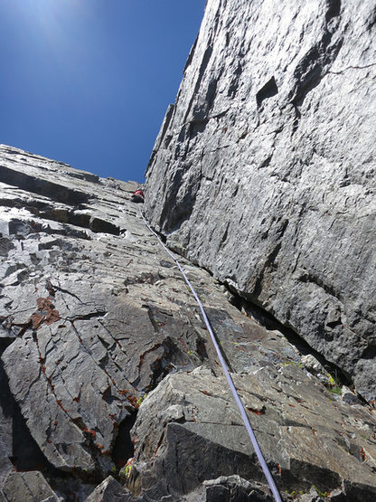 The second dihedral pitch near the top of the route.