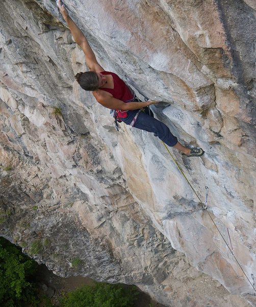 Jess Groseth on Movement of Fear, 5.12c.<br>
<br>
James Lucas photo.