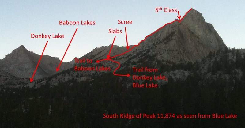 The approach and climb of the South Ridge of Peak 11,874 as seen from Blue Lake.