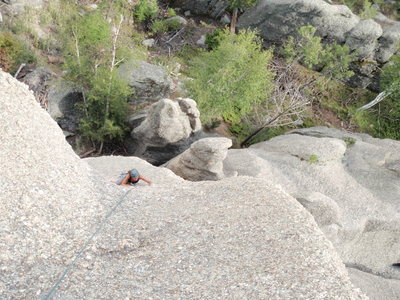 Tracie at the last bolt before the run out to the top.  