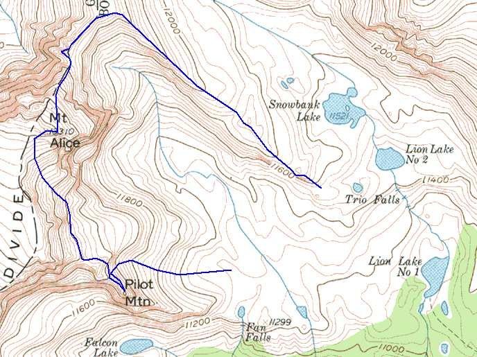 One potential route follows the Hourglass Ridge up Mt. Alice, and then summits Pilot on the descent.