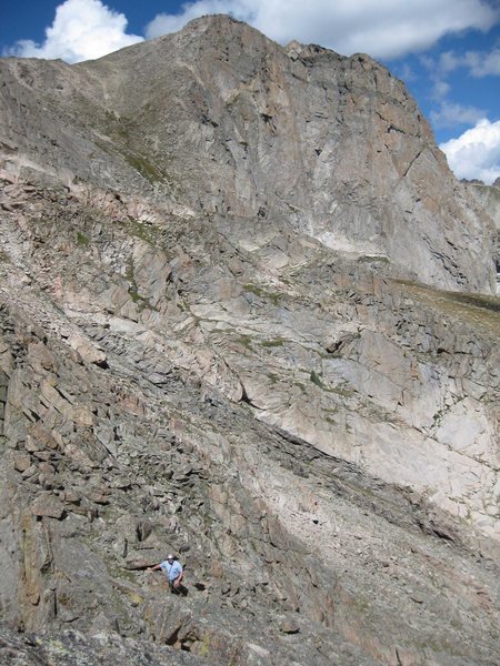 A view looking west from the summit.  Mt. Alice, the descent route from Alice via the SE face, the traverse, and the gully are all visible in the shot.