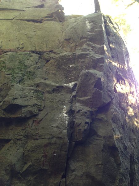 This is a new four bolt route just left around the arete from Pine Tree Crack. We need comments to develop a rating. Its similar to PWB Arete or Pine Tree Crack, 5.8 or 5.9 ish.  Please try it and submit feedback