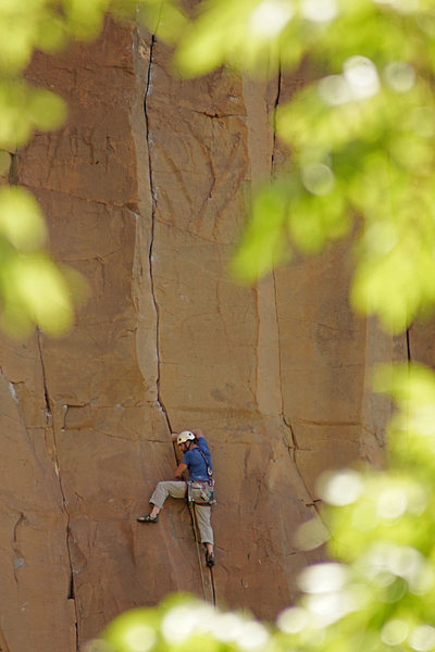 Darren Mabe approaching the crux of Natural Enhancement 5.11 near the center of The Right Wall.<br>
<br>
