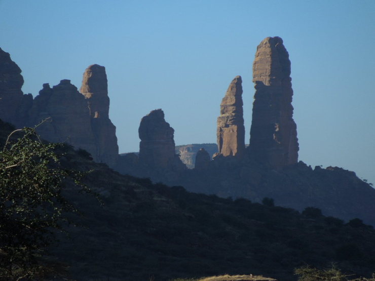 The Koraro Spires with the tallest Sheba on the far right and the obvious pointy one to its left being The Sharp One.