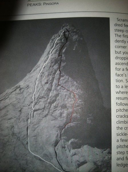 The NorthEast Face of Pingora. A photo from the Kelsey Guidebook with Stealing Thunder drawn in. The "50 Classic Climbs" Daly route is in white.