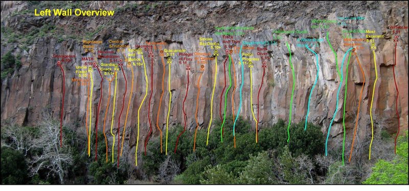 Updated left wall topo photo.  New routes are in Green and Blue