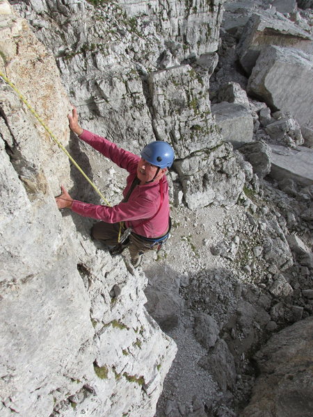 The first pitch of this climb is pretty well polished from lots of traffic. UIAA III+, or YDS 5.3. It sure felt harder than "5.3!"