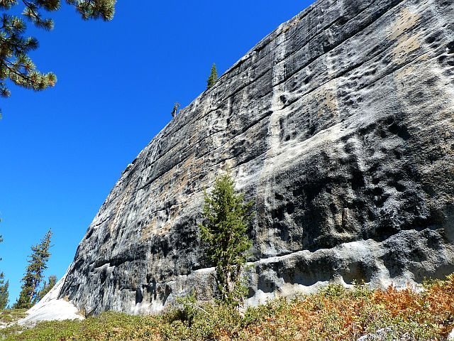 The golden-hued middle section of Punk Rock (West Face), Courtright Reservoir