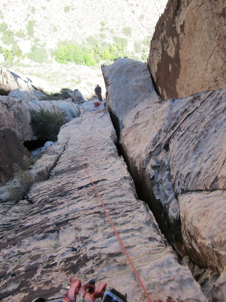 Looking down the final pitch before pulling over the bulge.