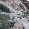 Looking down the West descent gully and the first bolted rap station.