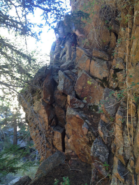 This is the slightly exposed walk off for the Ranch Hand.  Hand and footholds are abundant.  4th class.