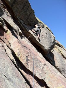 Steve T. taking the less-secure way through the crux roof.